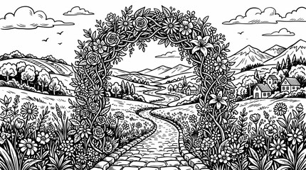 Fototapeta premium a stone pathway leading through a floral archway in a mountainous landscape.