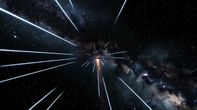 Spaceship traveling at light speed through galaxy with bright stars and cosmic energy in outer space