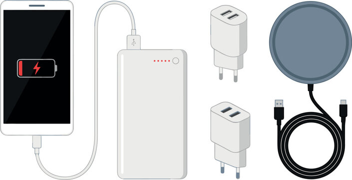 Vector illustration of mobile phone charging equipment set including power bank magnetic wireless charger wall adapter plug and smartphone with low battery indicator