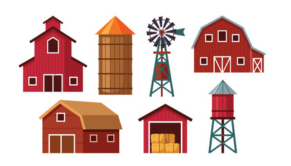 Red farm buildings and agriculture elements vector illustrations set featuring wooden barns silo windmill water tower and hay bales © Ruma