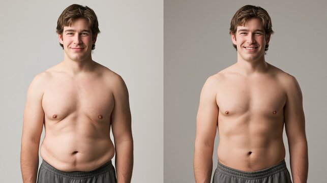 Split frame showing loose hanging excess upper body skin after weight loss versus a tightened surgically contoured torso. Concept of body contouring surgery.