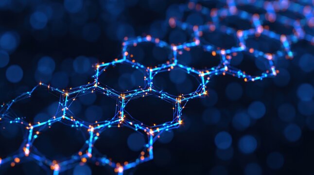 Abstract glowing blue graphene molecular structure for nanotechnology science tech