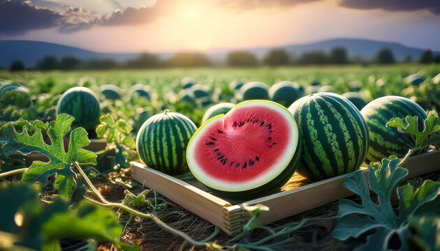 Sunset glows over lush watermelon patch. Ripe melons rest in wooden basket, green leaves surround them. Farmers' hands touch fruit, showing care and pride