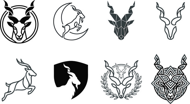 Markhor Logo Collection Featuring Mountain Goat Emblems Geometric Wildlife Badges Horned Animal Icons and Nature Branding Vector Illustration Set