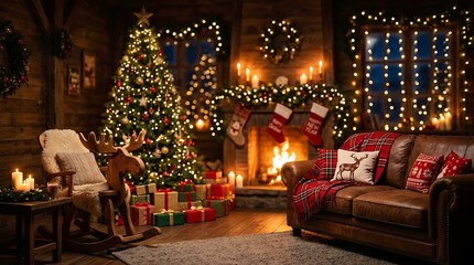 Naklejka premium Rustic christmas living room interior with glowing tree and fireplace scene.