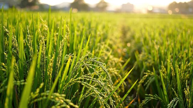 Lush green rice paddy field landscape under warm golden sunset light in rural agricultural farmland