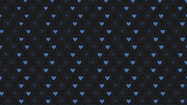 Seamless blue hearts and geometric star pattern on dark background