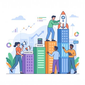 Startup team building business success with colorful bar charts rocket launch and marketing tools.