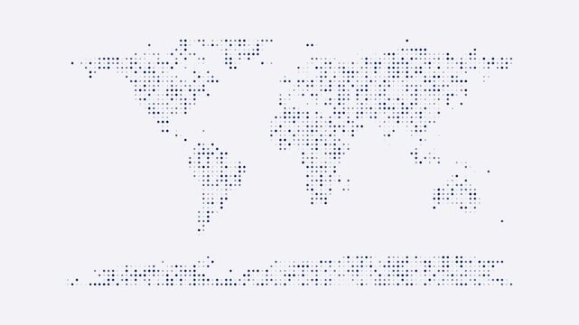 Abstract world map with blue blinking digital dots on white background for global technology and communication concept.