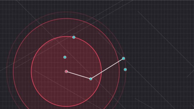 Digital sonar radar interface with moving network nodes and circular scanning lines on dark background.