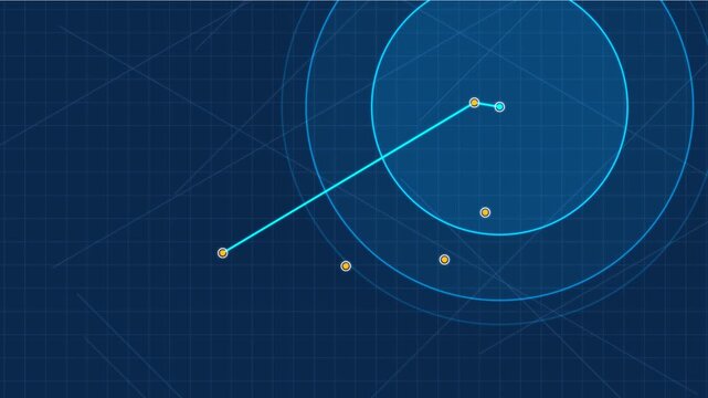 Digital radar interface with concentric circles and scanning tracking data points on grid background.