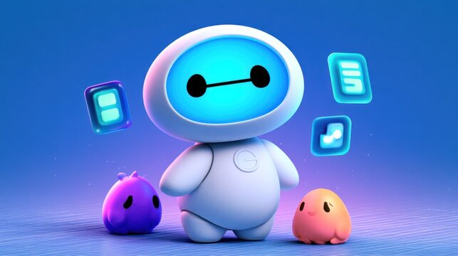Cute white robot character with colorful companion pets.
