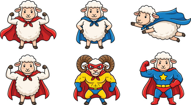 Cute cartoon sheep superhero character vector icon set featuring strong ram mascots wearing colorful capes