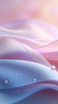 Vertical video: Camera pulling back, revealing silk ribbons rippling on pastel, showing pearl bead
