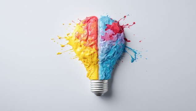 Lightbulb splattered with vibrant paints, symbolizing creative ideas