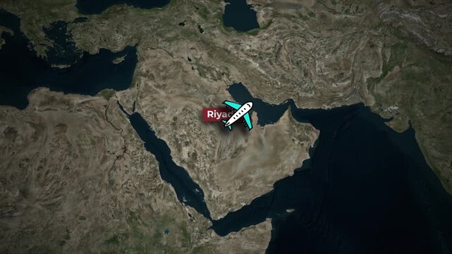 Flight Path Animation from Riyadh to Beijing on Satellite Map