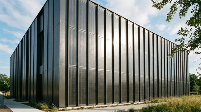 Medium shot of sleek vertical solarintegrated metal panels reflecting sunlight showcasing energyefficient building cladding with embedded thinfilm photovoltaic technology.