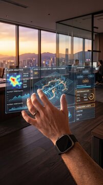 Close-up of game level designer's hand interacting with holographic environment maps and spatial analytics dashboards in warm golden lighting. Gen by AI