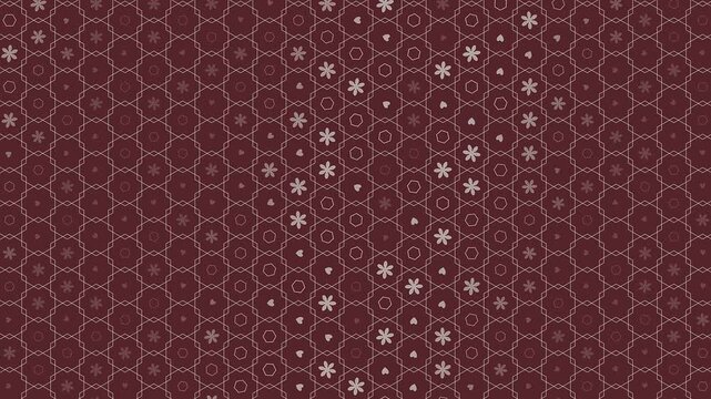 Elegant Burgundy Geometric Motion Background with Rotating Floral and Heart Accents