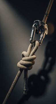 Close-up of a climbing rope and carabiner with a secure knot.