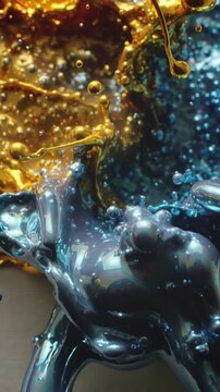 Vertical video: Pressing gold and blue silver liquids colliding on gray surface, forming beads