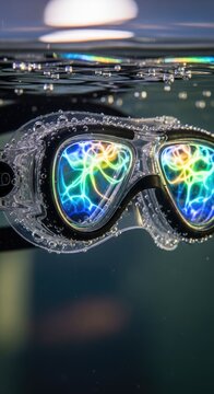 Close-up of Swimming Goggles Reflecting Colorful Light Underwater.