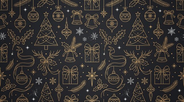 Luxury Christmas monoline icon seamless pattern on black background, elegant gold line art ornaments and xmas trees vector
