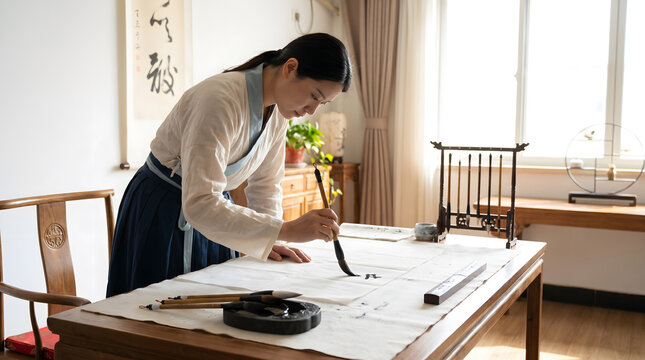 A woman wearing hanfu focuses intently on writing Chinese calligraphy with a brush