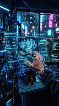 Close-up of game level designer's hand interacting with holographic environment maps and spatial analytics dashboards in warm golden lighting. Gen by AI