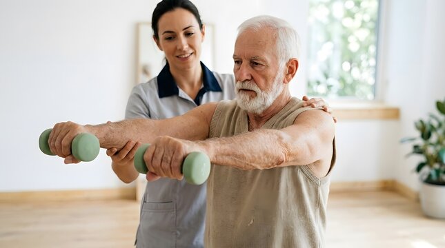 Elderly man with a beard doing arm exercises with green dumbbells, assisted by a female physical therapist indoors.