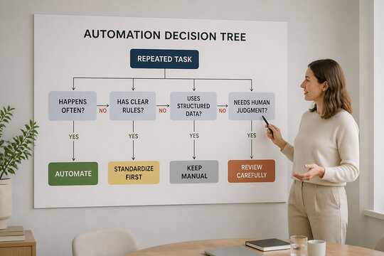 A woman is pointing at an automation decision tree chart displayed on a whiteboard in an office setting.