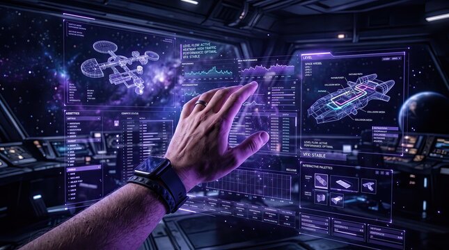 Close-up of game level designer's hand interacting with holographic environment maps and spatial analytics dashboards in warm golden lighting. Gen by AI