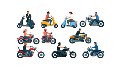 People riding motorcycles and scooters set featuring diverse bikers driving choppers sport bikes moped and cruisers vector illustration © Ruma