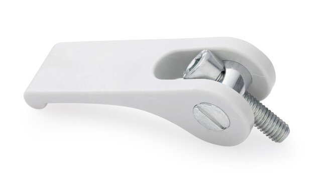 Eccentric furniture cam fastener with white lever and metal bolt hardware connector isolated on white background