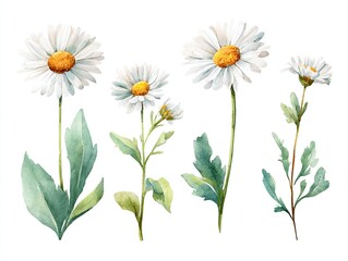 Fototapeta premium Delicate watercolor daisies with green stems and leaves on white