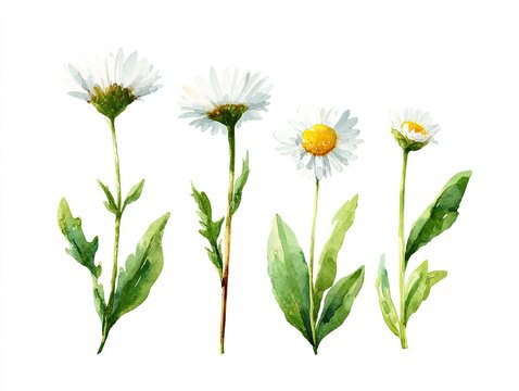 Watercolor painted daisies with green leaves on a white background