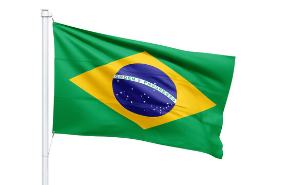 A vibrant brazilian flag waving gracefully on a white flagpole against a black background view