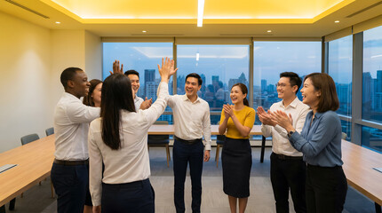 Obraz premium Office team high-fiving to celebrate successful collaboration in modern meeting room