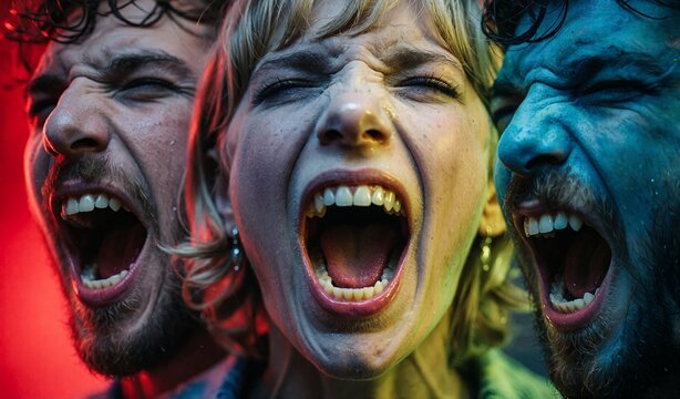 Intense Joyful Screaming Faces Group Emotion Celebration Extreme Expression
