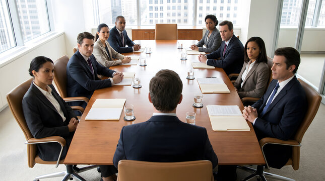 Business professionals seated around a long conference table discussing strategy in a modern office