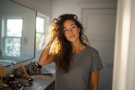 Portrait of a woman with tangled hair and a crestfallen expression during a messy hair day at home