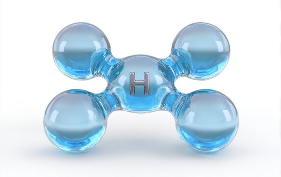 Transparent molecule with 'H' at center, glassy, scientific representation