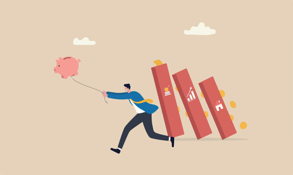 Loss crisis red pillars market crash, financial problem or losing all savings pension concept, businessman running trying to catch flying deflate bank balloon
