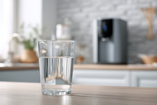 Pristine water in a glass on a clean counter, with a contemporary household filtration system in the blurred background
