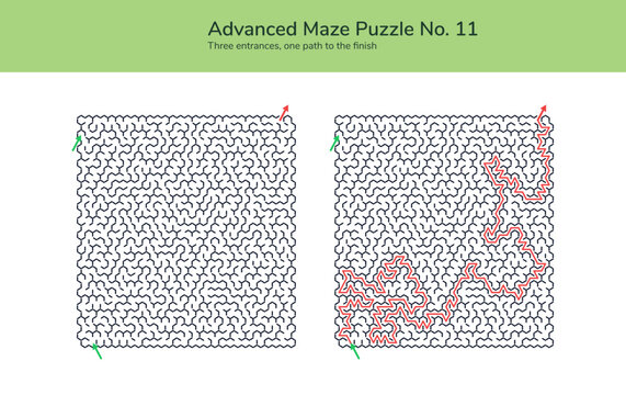 Advanced square maze puzzle worksheet showing three entrances finish arrows plus highlighted solution route for classroom logic practice brain teaser printable vector activity challenge