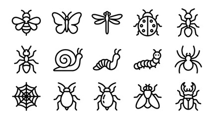 Diverse Insect Icons Collection: Bee, Butterfly, Dragonfly, Ladybug, Ants, Snail, Caterpillar, Spider, Web © Brian