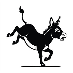 Fototapeta premium Playful donkey kicking back legs, isolated black and white vector silhouette