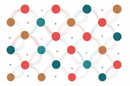 Abstract network pattern with colorful circles and connecting dashed lines isolated on white background