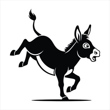 Playful donkey kicking back legs, isolated black and white vector silhouette