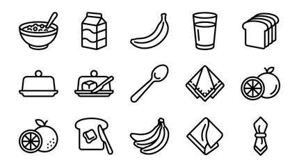 Breakfast Icons: Cereal, Milk, Banana, Juice, Bread, Butter, Spoon, Napkin, Orange © Brian